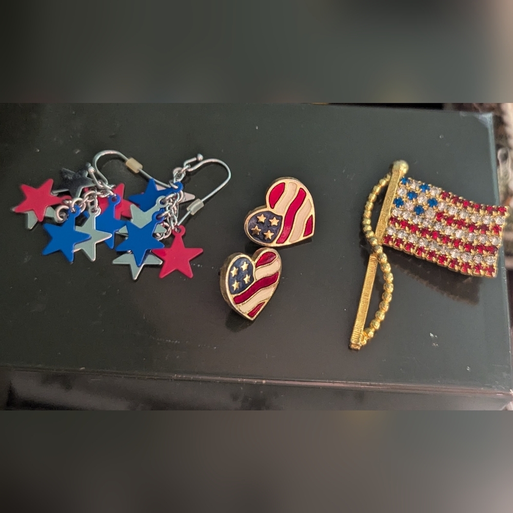 Patriotic Star Earrings and Flag Pins